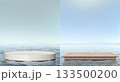 White marble and wooden podium stand in sea water scene White marble and wooden podium stand in sea water scene 133500200