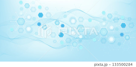 Health care or medical abstract background with hexagons, lines and dots. Scientific innovation banner template concept. Biology and pharmaceutical technology background. Vector illustration. Health care or medical abstract background with hexagons, lines and dots. Scientific innovation banner template concept. Biology and pharmaceutical technology background. Vector illustration. 133500284