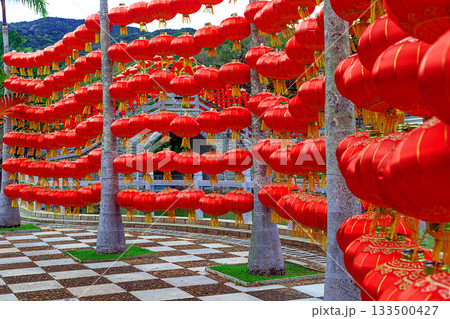 Bright red Chinese lanterns adorn the path in Nanshan Park in Sanya. 133500427