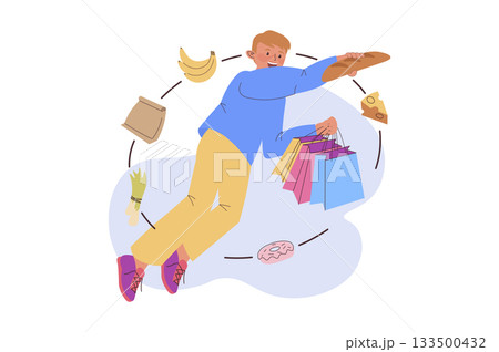 Shopping concept with cartoon people for web design. Happy man with many bags buying foods in supermarket and products in grocery store, payment at checkout with bonus savings. Vector illustration. 133500432