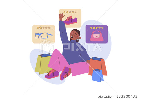 Shopping concept with cartoon people for web design. Happy woman with many bags doing online purchases with discount prices, choosing clothing with special offers at clearance. Vector illustration. Shopping concept with cartoon people for web design. Happy woman with many bags doing online purchases with discount prices, choosing clothing with special offers at clearance. Vector illustration. 133500433
