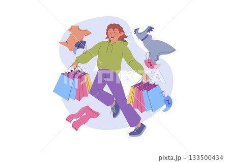 Shopping concept with cartoon people for web design. Happy woman with many bags doing purchases with discount prices, buying clothing at seasonal clearance in boutique showroom. Vector illustration. 133500434