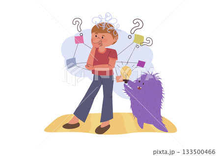 Mindset wellbeing concept with cartoon people for web design. Boy thinking and searching answer to questions, inner monster mascot in positive emotion helping and getting ideas. Vector illustration. Mindset wellbeing concept with cartoon people for web design. Boy thinking and searching answer to questions, inner monster mascot in positive emotion helping and getting ideas. Vector illustration. 133500466