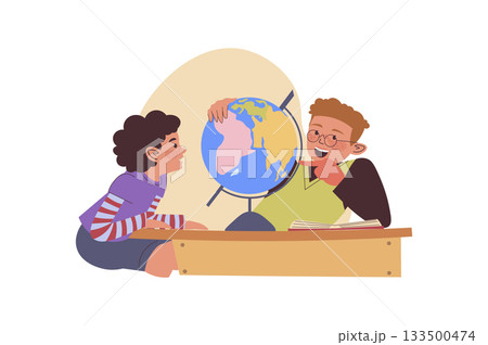 Children learning concept with cartoon people for web design. Classmates studying geography with globe, looking at continents at map, exploring landmarks and culture diversity. Vector illustration. 133500474