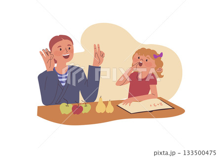 Children learning concept with cartoon people for web design. Mother explaining elementary arithmetic to daughter, girl pupil studying addition with fruits and doing homework. Vector illustration. Children learning concept with cartoon people for web design. Mother explaining elementary arithmetic to daughter, girl pupil studying addition with fruits and doing homework. Vector illustration. 133500475