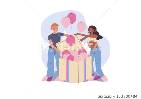 Gender party concept with cartoon people for web design. Pregnancy mother with father at baby shower reveal party, open huge box and pink balloons fly, celebrating birth of girl. Vector illustration. Gender party concept with cartoon people for web design. Pregnancy mother with father at baby shower reveal party, open huge box and pink balloons fly, celebrating birth of girl. Vector illustration. 133500484