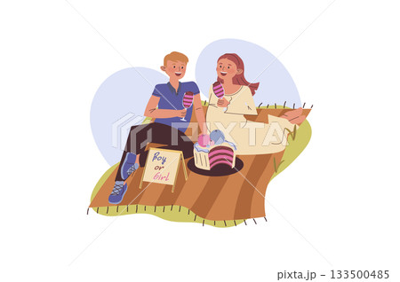 Gender party concept with cartoon people for web design. Pregnancy mother with father at baby reveal picnic, cut cake with glasses and show pink pieces, celebrating birth of boy. Vector illustration. Gender party concept with cartoon people for web design. Pregnancy mother with father at baby reveal picnic, cut cake with glasses and show pink pieces, celebrating birth of boy. Vector illustration. 133500485