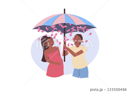 Gender party concept with cartoon people for web design. Pregnancy mother with young father at baby reveal shower party, open umbrella with pink ribbons, celebrating girl birth. Vector illustration. Gender party concept with cartoon people for web design. Pregnancy mother with young father at baby reveal shower party, open umbrella with pink ribbons, celebrating girl birth. Vector illustration. 133500486