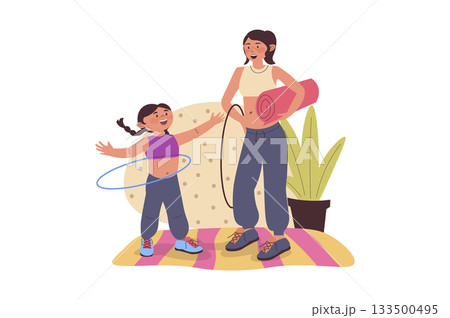 Family sport concept with cartoon people for web design. Mother and daughter doing exercises at home, training at yoga mat, spinning hula hoops and enjoying dynamic movements. Vector illustration. 133500495
