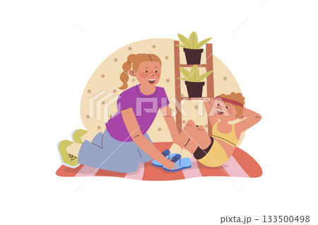 Family sport concept with cartoon people for web design. Mother and daughter doing exercises together at home, practising different workouts, developing strong body and energy. Vector illustration. Family sport concept with cartoon people for web design. Mother and daughter doing exercises together at home, practising different workouts, developing strong body and energy. Vector illustration. 133500498