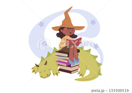 Children reading book concept with cartoon people for web design. Girl reads fantasy story, imagining literary adventures with dragon and magicians, enjoying fairy tale novels. Vector illustration. Children reading book concept with cartoon people for web design. Girl reads fantasy story, imagining literary adventures with dragon and magicians, enjoying fairy tale novels. Vector illustration. 133500519