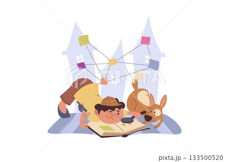 Children reading book concept with cartoon people for web design. Boy reads detective story, imagining literary adventures, enjoying novel and playing game with investigations. Vector illustration. 133500520