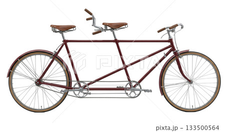 This vintage tandem bicycle features a unique two seater design with a rich burgundy frame and stylish leather seats. Perfect for leisurely rides and adventures with a friend. 133500564