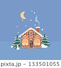 Cozy gingerbread cookie house with icing, snowman and pine trees in snowy winter landscape, holiday night scene with moon and falling snow, festive Christmas vector illustration for seasonal design 133501055