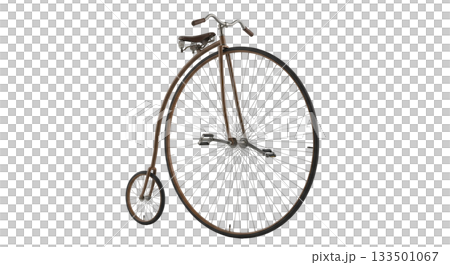 This classic high wheel bicycle showcases a large front wheel and a smaller rear wheel, emphasizing its unique design and historic character, all set against a clean white background. This classic high wheel bicycle showcases a large front wheel and a smaller rear wheel, emphasizing its unique design and historic character, all set against a clean white background. 133501067