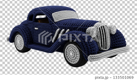 A beautiful vintage sports coupe crafted entirely from crochet displays intricate details. The dark blue car has silver accents and showcases fine artistry in every stitch. 133501069