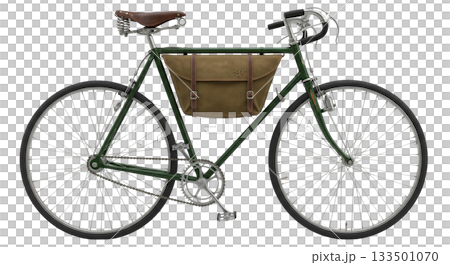 A classic dark green diamond frame bicycle stands out with simple geometry, featuring rod actuated caliper brakes and a stylish brown bag attached to its frame. A classic dark green diamond frame bicycle stands out with simple geometry, featuring rod actuated caliper brakes and a stylish brown bag attached to its frame. 133501070