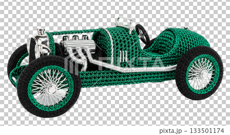A vintage open wheeled race car design is intricately crocheted using deep emerald green metallic yarn. This unique creation combines nostalgia and artistry, highlighting meticulous detailing. 133501174
