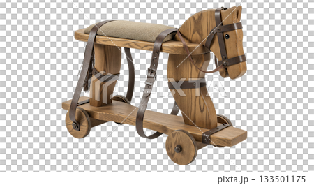 This vintage wooden hobby horse features a classic design with push-powered wheels. Its early 20th-century craftsmanship highlights the joy of children's play in a simpler time. 133501175