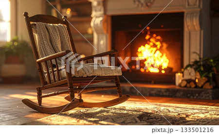 A close-up view of a warm fireplace and a single w 133501216