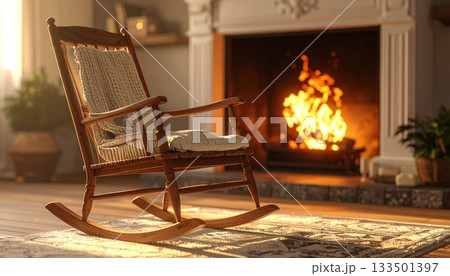 A close-up view of a warm fireplace and a single w 133501397