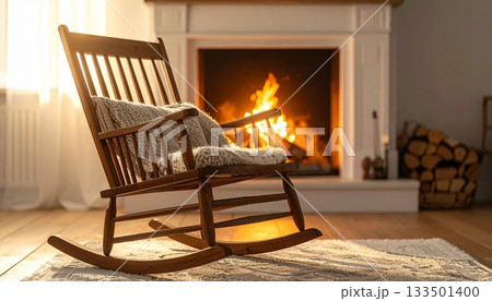 A close-up view of a warm fireplace and a single w 133501400
