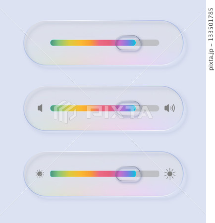 Liquid glass of ui elements showing volume and brightness settings. Concept for application interface. Vector Liquid glass of ui elements showing volume and brightness settings. Concept for application interface. Vector 133501785