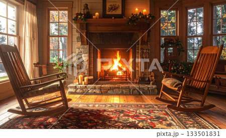 ロッキングチェアと暖かそうな炎の暖炉 133501831