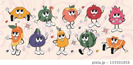 Cartoon groovy hippie fruit characters with funny faces in retro style 133501858