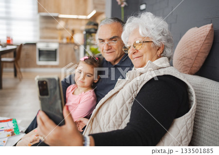 Family bonding while video chatting in a cozy modern home Family bonding while video chatting in a cozy modern home 133501885