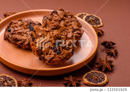 Chocolate chip cookies with caramelized nuts, a healthy sweet snack. Nut cookies 133501929