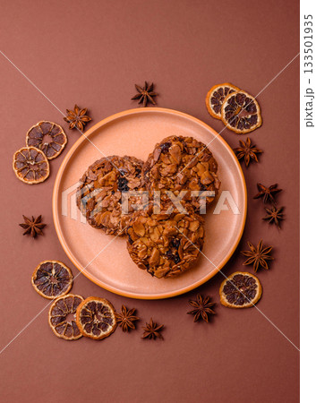 Chocolate chip cookies with caramelized nuts, a healthy sweet snack. Nut cookies 133501935
