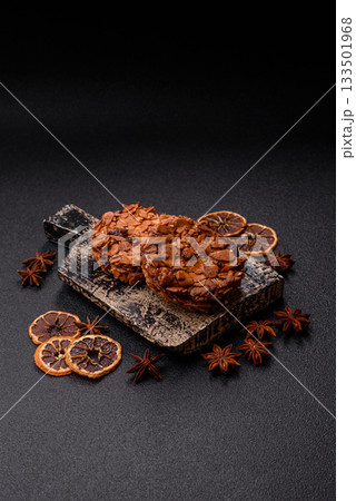 Chocolate chip cookies with caramelized nuts, a healthy sweet snack. Nut cookies 133501968