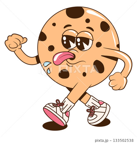 A Groovy cheerful dessert character. Retro cartoon vector illustration with a walking and teasing cookie for print, isticker, stamp or mascot for cafe, restaurant, bar. 133502538