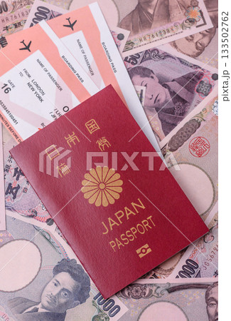 Japanese passport or id document with tickets for flight, travel, border crossing. Japan passport 133502762