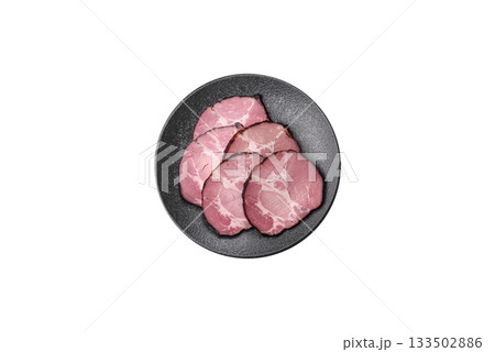 Ham, a meat cooked and sliced for sandwiches or Christmas table. Ham slices 133502886