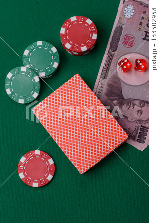 Casino game in the Japan, yen money, chips, cards. Gambling in casinos in the Japan 133502958