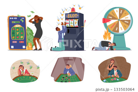 Unhappy people suffering gambling losses showing emotions of despair, financial ruin and addiction 133503064