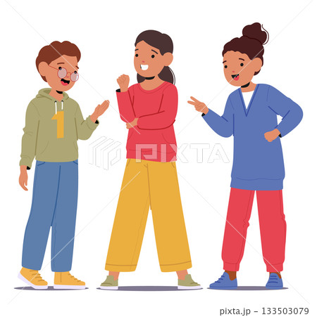 Two girls and boy cartoon characters playing traditional paper rock scissors classic hand game Two girls and boy cartoon characters playing traditional paper rock scissors classic hand game 133503079