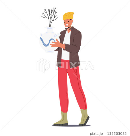 Designer cartoon character carrying decorative ceramic vase for interior refreshing and remodeling Designer cartoon character carrying decorative ceramic vase for interior refreshing and remodeling 133503083