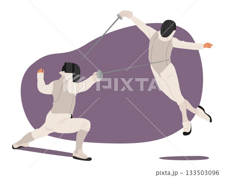 Pair of fencers in full uniform engaged in competitive action demonstrating strength and athleticism Pair of fencers in full uniform engaged in competitive action demonstrating strength and athleticism 133503096