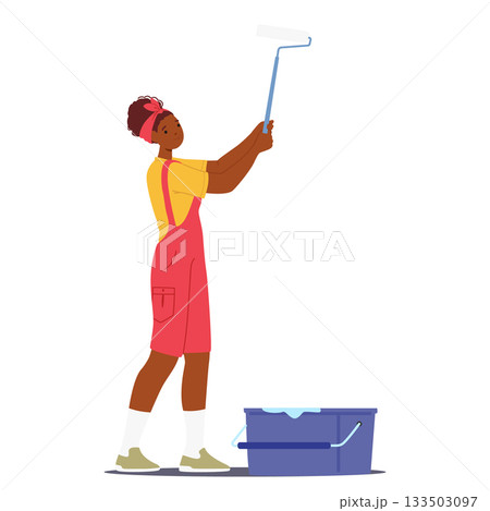 Woman decorator cartoon character painting walls with paint roller brush isolated on white Woman decorator cartoon character painting walls with paint roller brush isolated on white 133503097