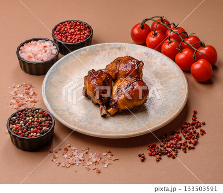 Fried chicken legs with teriyaki sauce, oven baked meat. Chicken legs Fried chicken legs with teriyaki sauce, oven baked meat. Chicken legs 133503591
