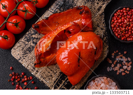 Grilled red bell peppers, vegetarian food. Red bell peppers Grilled red bell peppers, vegetarian food. Red bell peppers 133503711