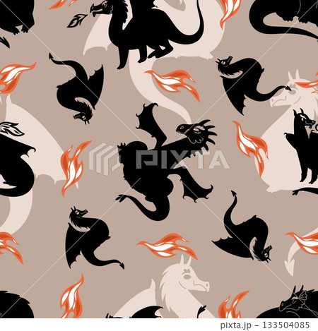 Black silhouettes of dragon with fire from its mouth. Fantast winged reptiles seamless pattern. Flying bestiary lizards. Repeated print. Fairytale magical monsters. Vector background Black silhouettes of dragon with fire from its mouth. Fantast winged reptiles seamless pattern. Flying bestiary lizards. Repeated print. Fairytale magical monsters. Vector background 133504085