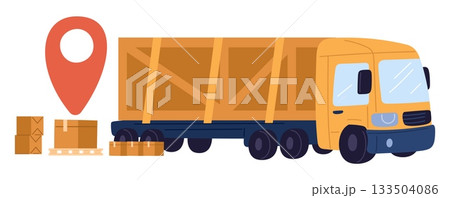 Cargo truck with cardboard boxes and red geotag icon. Logistic tracking. Navigation location pin. Delivery freight transport. Lorry with order parcels. Shipping service. Vector concept 133504086