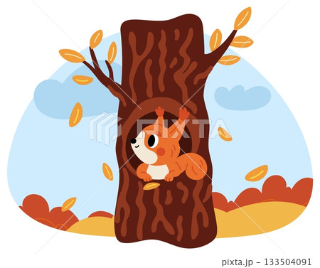Cartoon squirrel sits in tree hollow against backdrop of beautiful autumn season forest with falling leaves. Cute fluffy character in home. Mammals wildlife. Trunk hole. Vector concept 133504091