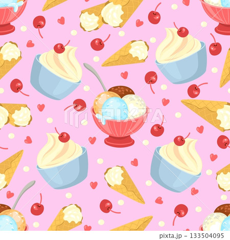 Delicious ice cream in bowl and waffle cone with fruits. Cold desserts seamless pattern. Vanilla frozen product cup with cherry. Repeated print. Summer refreshing food. Vector background 133504095