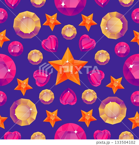 Gemstones or crystals with polished facets. Precious gems seamless pattern. Star and love heart shapes. Brilliant diamond. Bijouterie crystalline. Geological stones. Vector background 133504102