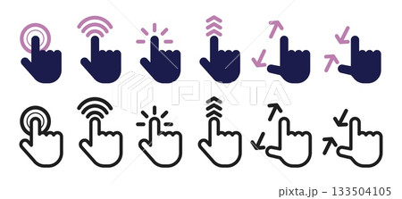 Hand actions on touch screen. Scrolling or swiping gesture. Forefinger tapping. Mobile display zooming. Interface menu sliding. Pressing at touchscreen. Vector set of finger movement icons 133504105